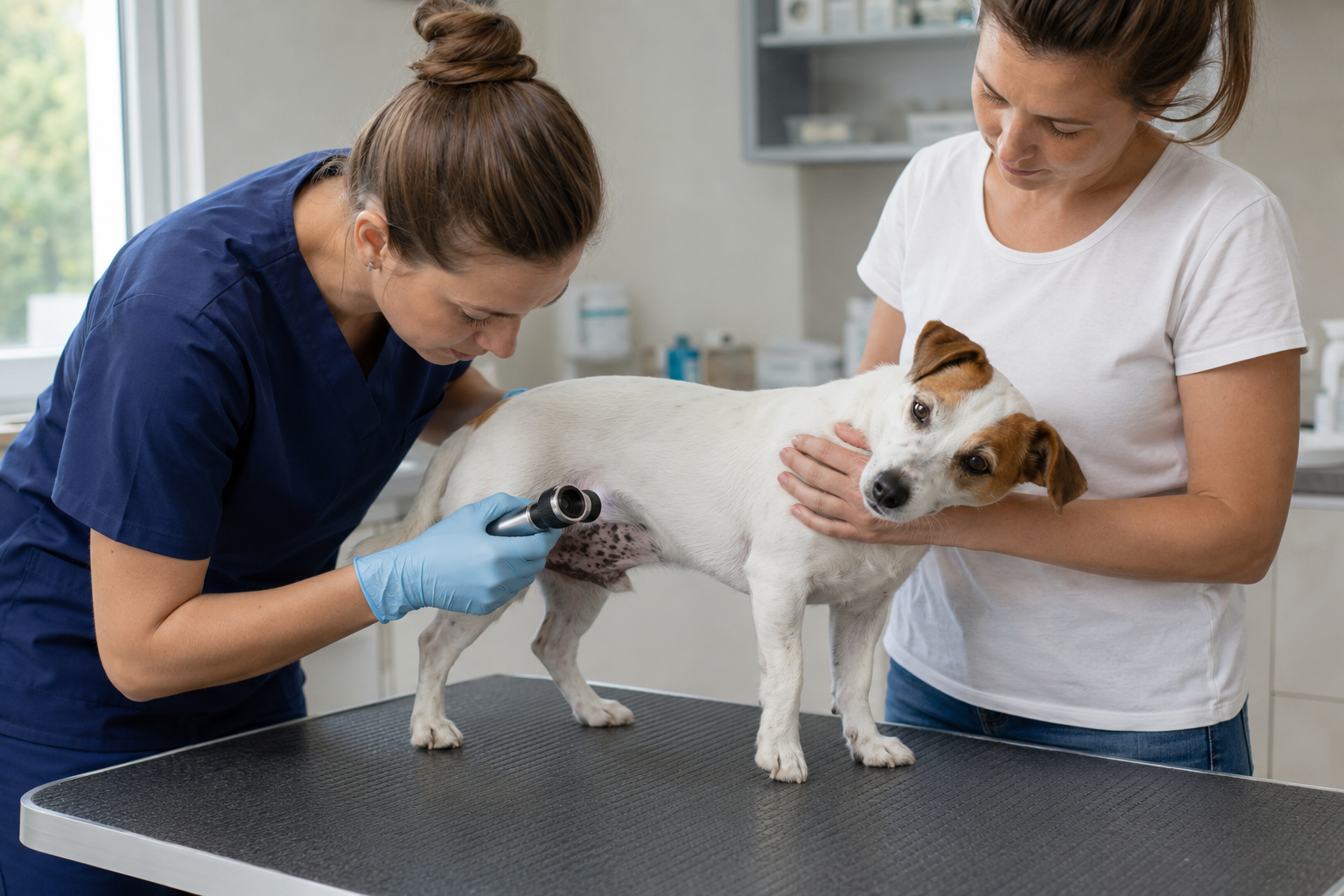 Veterinář vyšetřuje tmavou změnu na kůži psa
